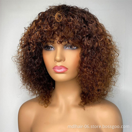 Curly Short Pixie Cut Bob Human Hair Wig With Bangs Non Lace Front Wigs For Black Women Remy PrePlucked With Baby Hair Brazilian
